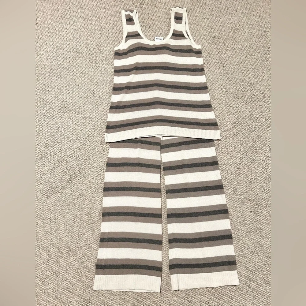 Free People Beach Striped Sweater Pant / Tank Set - Cream and Brown - Picture 4 of 5